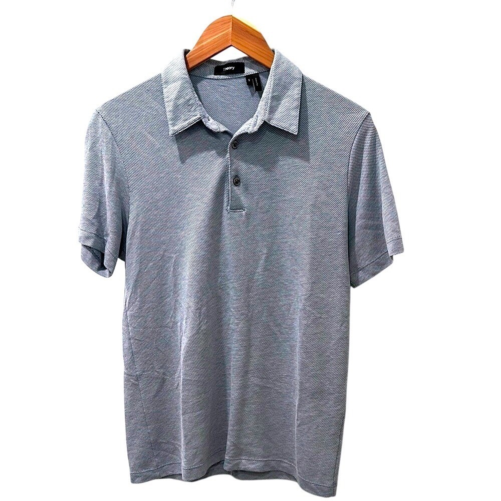 Theory Polo Shirt Mens Small Blue White Micro Pattern Textured Short‎ Sleeve